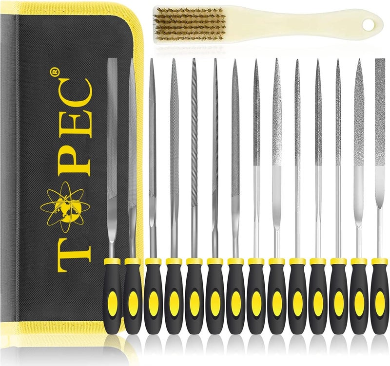 Topec Small File Set, Needle Diamond Files 15PCS, 7pcs Jewlers Files & 7pcs Steel Files with Metal Brush and Storage Bag，for Precision Metal File Work, Wood, Jewelry, Plastic, DIY Carving Tool Kit - Image 1